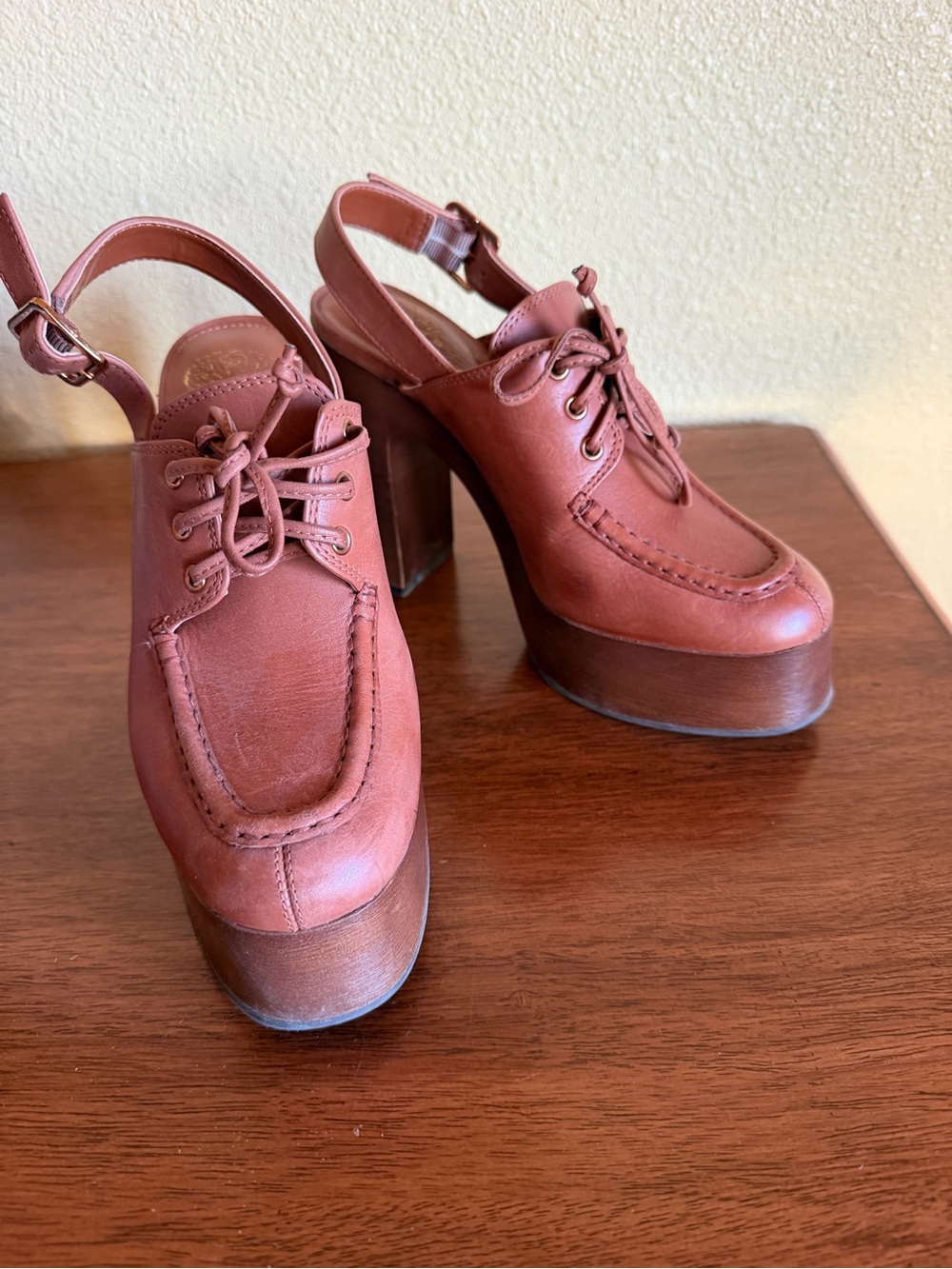 Vince Camuto Rust Brown Platform Slingback Lace-Up Heels